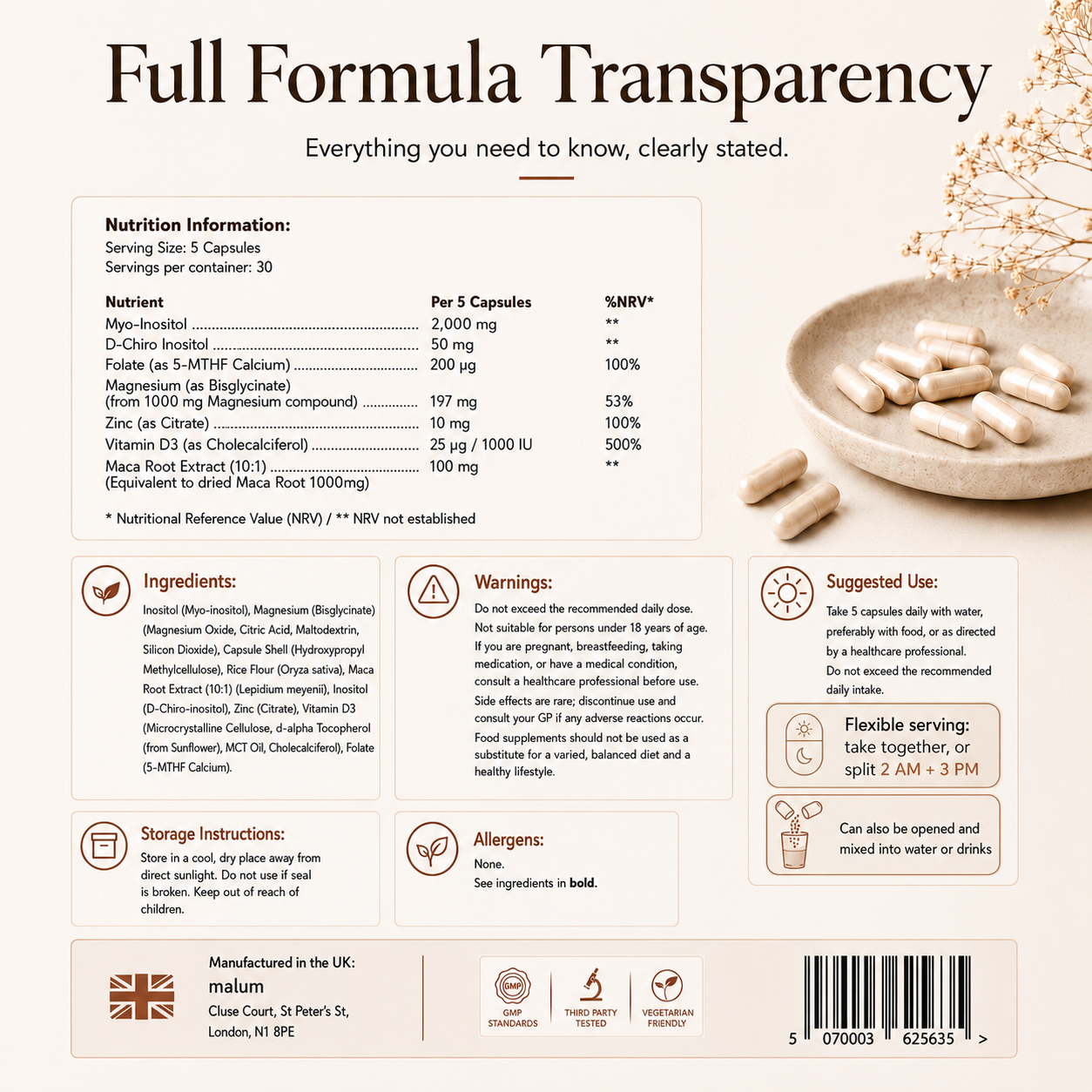 Malum Inositol Complex 40:1 with Magnesium, Zinc, Folate & Vitamin D3 | 150 Vegan Capsules