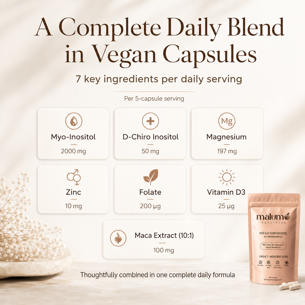 Malum Inositol Complex 40:1 with Magnesium, Zinc, Folate & Vitamin D3 | 150 Vegan Capsules